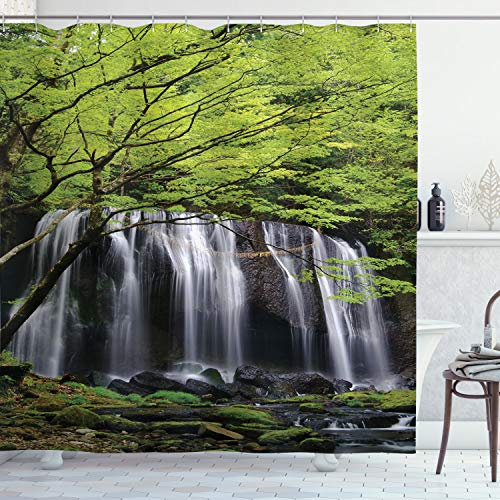 ABAKUHAUS Wasserfall Duschvorhang, Baum Fels in Wasserfall, Stoffliches Gewebe Badezimmerdekorationsset mit Haken, 175 x 200 cm, Schwarz Weiß und Grün