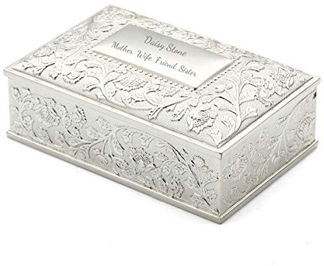 OnePlace Gifts Joyero personalizado plateado de lujo – Joyero moderno grabado – Caja rectangular de girasol floral para niñas de flores, damas de honor, dulces dieciséis