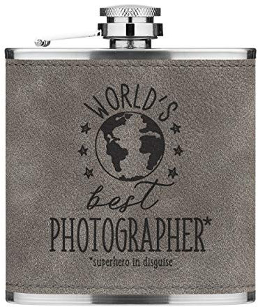 World's Best Photographe 6oz Cuir PU Hip Flasque Gris Luxe