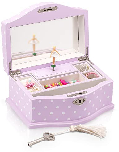 Art Lins Elle Ballerina Music Boîte à bijoux avec serrure, boîte à souvenirs en bois avec motif lac des cygnes à remonter, grande taille (lavande)