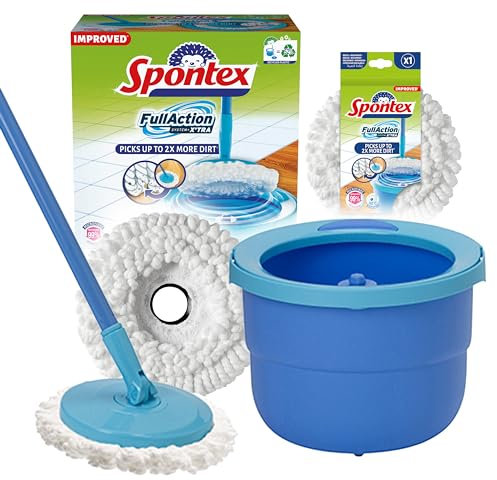 Spontex Full Action System Sistema Lavapavimenti con Mop Rotante e Secchio, Sistema di Strizzatura e Risciacquo Facile 360°, Pulisce Pavimenti in Laminato, Legno e Piastrelle, 2 x Ricambi della Testa