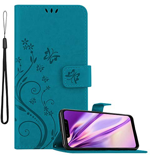 cadorabo Coque pour Xiaomi Pocophone F1 en Bleu Floral – Housse Protection en Design de Fleur avec Fermoire Magnétique, Stand Horizontal et 3 Fentes Cartes - Portefeuille Etui Poche Folio Case Cover