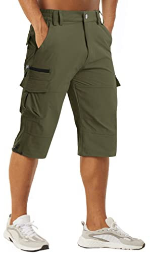 MAGCOMSEN Herren Short Outdoor Caprihose mit 7 Taschen Sommer Schnelltrocknend Wanderhose Herren 3/4 Jogginghose Gummibund Bermuda Shorts Atmungsaktiv Kurze Fahrradhose Armeegrün 38