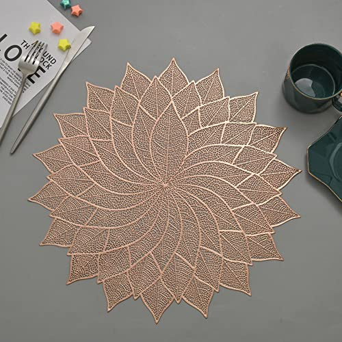 Hosoncovy 4er-Pack Dekorative Blatt-PVC-Tischsets - Blumen, Hohle Esstisch, Hitzebeständige Rutschfeste für Küche, Zuhause, Hochzeit (Roségold)