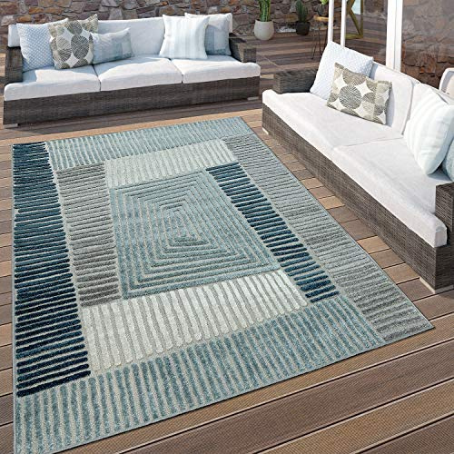 Paco Home In- & Outdoor Terrassen Teppich Geometrisches Design Pastell Türkis Grau Creme, Grösse:120 cm Rund