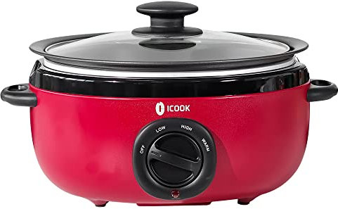 ICOOK 6.5 cuartos de galón de cocción lenta USC-65-OP001RD, olla de aluminio para estofado, apta para lavavajillas, tapa de cristal, temperatura ajustable, calentador de alimentos, rojo