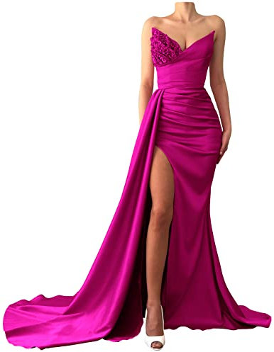 Abiti da ballo 2022 Abiti da sera a fessura lunga in raso con paillettes senza spalline per abiti da sposa da donna, Fucsia, 52