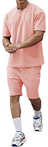 Onsoyours Ensemble de Survêtement Homme 2 Pièces Été T-Shirt Manches Courtes Short Élastique Bermuda Décontracté Sportswear Tenue de Sport Respirant Plage Rose L