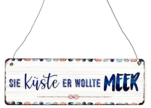 Interluxe Holzschild - Sie küste, er wollte Meer - Schild mit Spruch Dekoschild Maritim Küste Strand witzig