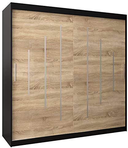 ABIKSMEBLE Armario con Puertas correderas York 200 Armario con Barra y Estante Armario de Dormitorio (Negro Mate + Roble Sonoma)