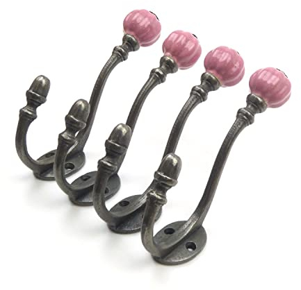 Oakcrafts - Ceramic Tipped Shabby Chic Cast Iron Coat Hook 125mm (Pink) - Pack of 4 Hooks