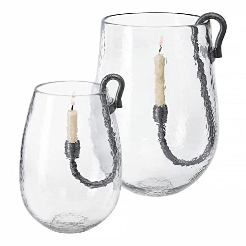 Loberon Windlicht 2er Set Vermand, Zwei Größen, mundgeblasen, rustikaler Charme, mit separatem Kerzenhalter, Outdoorwindlicht, Glas, Eisen, klar/schwarz