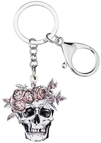 NEWEI Porte-clés en acrylique pour Halloween, motif tête de mort zombie, poupée vaudou pour femme et fille, accessoire de voiture, Tête de mort florale., Medium