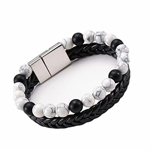 Stfery Perlenarmband Herren, Armband Grün Boho Malachit 8mm 2-Lagiges Lavastein-Leder-Magnet-Doppelt 21cm Edelstahl Chakra Damen Schmuck