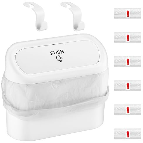AXNSATRE Car Bin, Trash Can with Lid, Multifunctional Mini Bin for car, 90 Pcs Bags & 4 Hooks, Push-on Design Bins, Cute Accessories, Rubbish Tidy, White