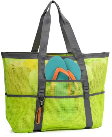 TOPASION Große Netz-Strandtasche für Sandspielzeug, Familienreisen, Lebensmittel, wiederverwendbares Einkaufen (grün)