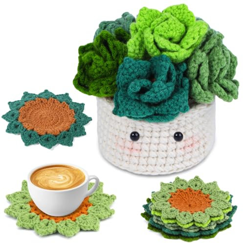 ENCHOL Crochet Kit for Beginners, Coasters Crochet Kit, Beginners Crochet Kit with Yarn, Crochet Hook, Step-by-Step Video Tutorials, Crochet Starter Kit for DIY Craft