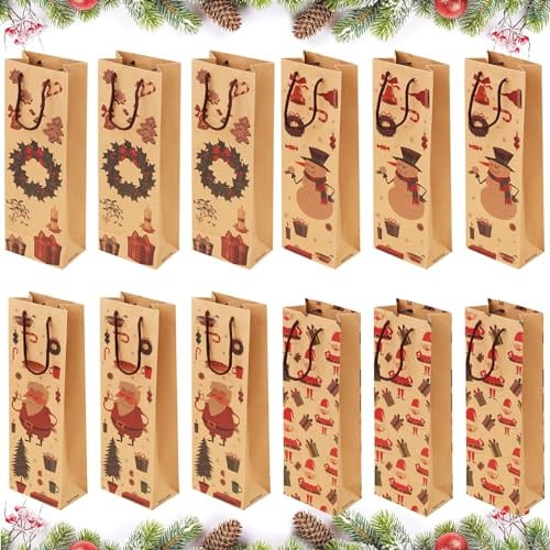 Weintasche, 12 Stück Flaschenhülle, Wein Geschenktüten Flaschen, Weinkarton,4 Stile Flaschentüten,Geschenktasche Flasche mit Henkel,Weintüten, Flaschentüten Weihnachten für Wein Whisky Champagner