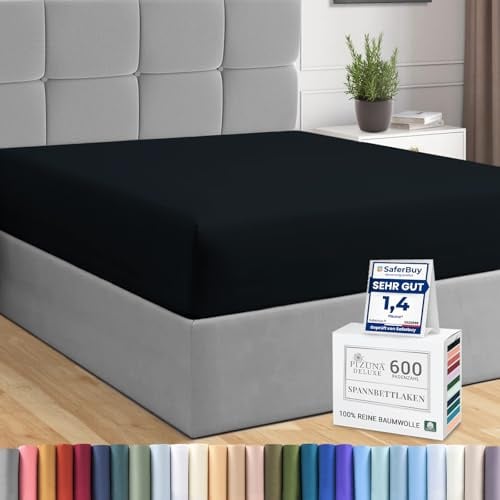Pizuna Spannbettlaken 170x200-180x200 cm Baumwolle Schwarz 600 Fadenzahl | 100% Langstapelige nur Spannbetttuch, Weiche Mako Satin-Webart passt bis zu 40cm Matratzenhöhe