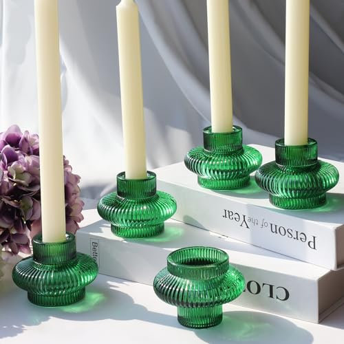 Vohocandle Lot de 6 bougeoirs verts pour bougies coniques et bougies chauffe-plat, supports nervurés pour centre de table, photophores pour Noël, Saint-Valentin, mariage, fête