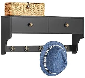 SoBuy Porte Manteau Mural, Meuble Entrée, Porte-Manteaux, Étagère Murale, Porte-vêtements avec 2 Tiroirs et 5 Crochets, 60x15x27 cm, Noir, FRG178-SCH