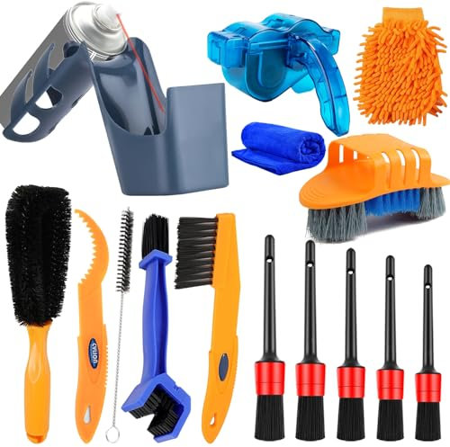 Yumzeco15 PCS Kit de Nettoyage pour Vélo,Moto Brosse de Nettoyage, Outil De Nettoyage De Chaîne, Chiffon De Nettoyage En Microfibr,Kit de Brosses de Nettoyage Convient à Toutes Les Motos et Vélos