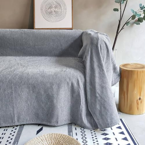 Mesnt Sofabezug 4 Sitzer Big Sofa, Grau Couchschutz für Haustiere Einfarbig aus Chenille, 180x350cm