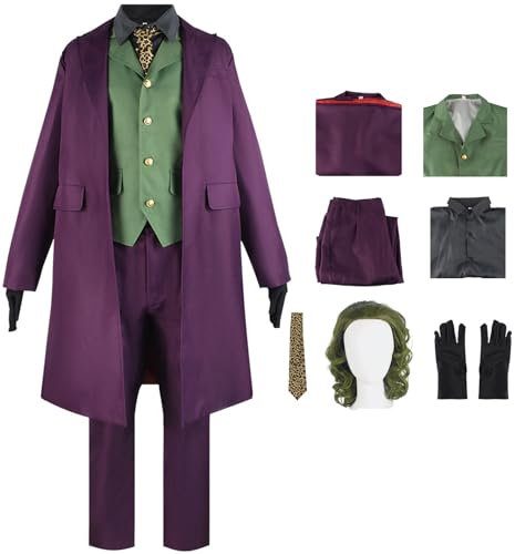 YEAJION Joker Kostüm Kinder Erwachsene Cosplay Heath Ledger Clown Outfit Komplette Herrenanzüge 6 Stück Set für Verkleidung Halloween Karneval Party Deluxe Geburtstage Costume mit Perücken Masken