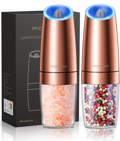 FORLIM Set macina sale e macinapepe elettrico, capacità 6 Oz, 4 batterie AAA, potenza automatica a una mano, gravità regolabile, con luce LED, 2 pezzi, acciaio inox (oro rosa)