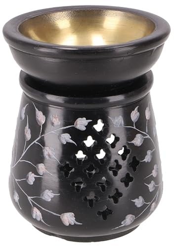 GURU SHOP Indische Duftlampe, ätherisches Öl Diffusor, Teelicht Halter für Aromatherapie, Aromalampe aus Speckstein - Rund Blumenmuster 2, Schwarz, 10x7x7 cm, Duftlampen & Öllampen