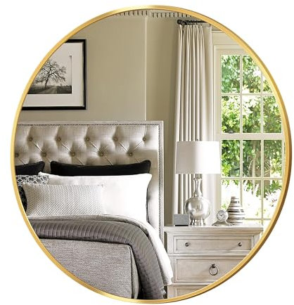 Antok Spiegel Rund, 77cm Gold Dekorative Wandspiegel für Bad, Eitelkeit, Wohnzimmer, Eingangsbereich, Runder Spiegel Hängend oder Lehnend, Aluminium Rahmen