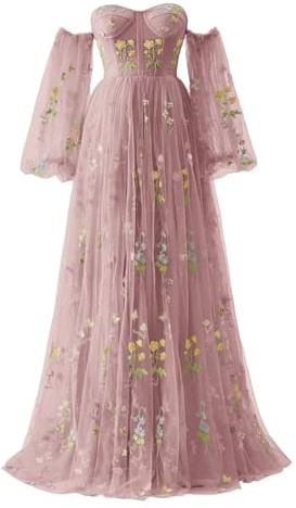 Générique Robe De Bal en Tulle BrodéE De Fleurs pour Femmes,Corset Longue,Bretelles Spaghetti,FéE FroncéE,Robe De SoiréE Formelle A-Dusty Rose 8