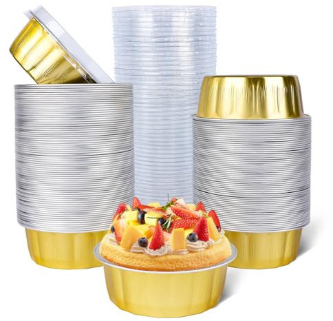 Beasea Lot de 120 ramequins jetables avec couvercles, 227 g, 10,2 cm, mini moules ronds en aluminium doré pour crème brûlée, petits moules à tarte, cupcakes, tarte, moules individuels pour la cuisson