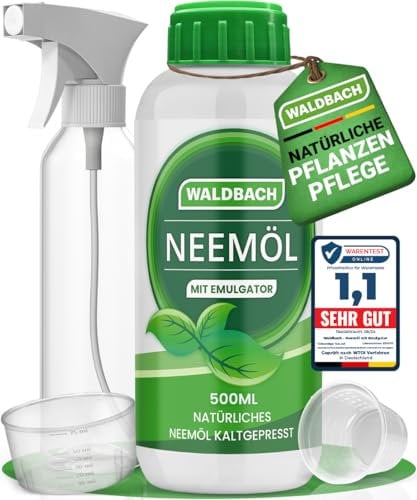 WALDBACH® Neemöl mit Emulgator [500ml] - Natürliches Neemöl für Pflanzen mit Sprühflasche und Messbecher - 50 Liter sprühfertige Mischung - Effektive Pflanzenpflege für Garten- & Zimmerpflanzen