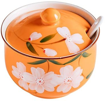 Pastorale Sucrier Avec Couvercle Et Cuillère, Pot De Stockage De Sucre De Fleurs De Cerisier, Pot à Sucre Peint à La Main, Boîte D'assaisonnement-Orange-300ml