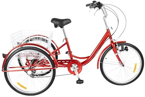 CLEADONG 24 Zoll Dreirad für Erwachsene, 6 Gang Adult Fahrrad mit Lichtern und Korb, 3 Räder Dreirad mit Einstellbare Kissen und Griff Dreirad für Ältere Menschen und Erwachsene, Rot