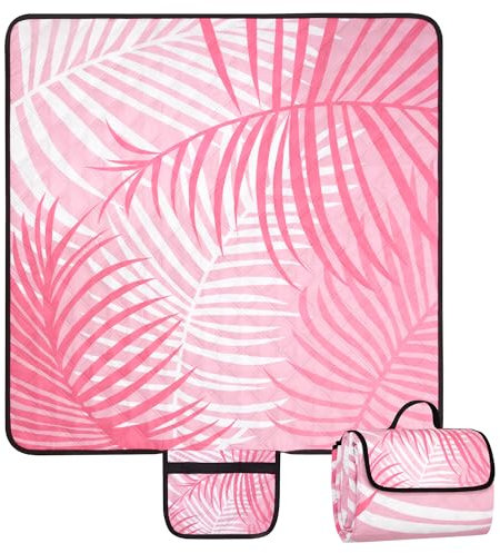 Picknickdecke Sandfrei, 200 x 200cm Groß Wasserdicht Stranddecke für 4-6 Personen, Leicht und Tragbar Campingdecke mit Tragegriff, Faltbare Strandmatte für Wandern, Reisen, Outdoor - Rosa Blätter