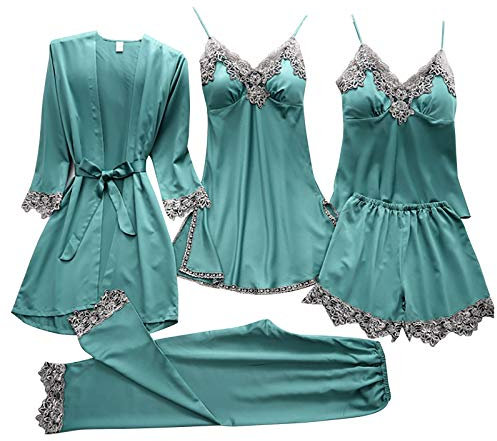 Peignoir d'été léger pour femme : pyjama en satin pour femmes ensemble de 5 pièces sexy couleur unie patchwork pyjama léger à bretelles sexy, lingerie, haut cami et short, pantalon ample robe pyjama