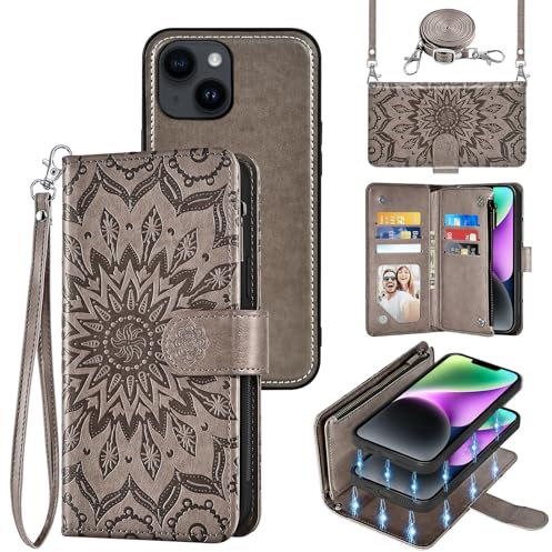 Phone Case for iPhone 14 6.1 inch Zipper Wallet Magnetic Detachable Cell Cover with Screen Protector Crossbody Lanyard Strap Flip Card Holder Slot iPhone14 5G i i-Phone i14 14Case Women Men Gray