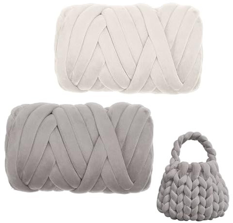 SacJkt Dicke Wolle, Baumwolle zum Häkeln, 2 Rolle Häkelgarn für Katzenbett, Tasche, Kissen, Tshirt Garn zum Häkeln, Perfekt für Kunsthandwerk（Grau+Beige）