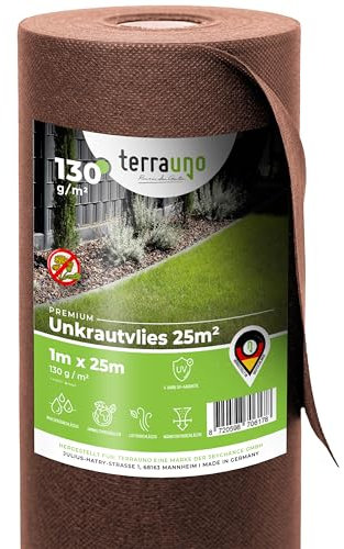 TerraUno – Premium Unkrautvlies Gartenvlies aus Polypropylen 130g/m² – Unkrautfolie Wasserdurchlässig 25m² – UV-beständig, reißfest & umweltfreundlich – Unkrautvlies wasserdurchlässig