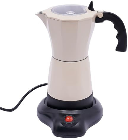 RjcdOPL Cafetière Électrique Italienne avec Base, Pour 6 Tasses à Espresso, 300 ml, 480 Watts, Alliage d'aluminium, Rotation à 360°, 10.2 x 19.5cm (Blanc crème)