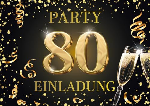 Edition Colibri Einladungskarten zum 80. Geburtstag, 10 Stück, Format A6, Karten-Set, Einladung, zum Beschriften, Party schwarz, gold (11182 DE)
