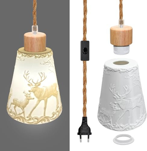 Hanfseil 3D Gedruckte Hängelampe mit Stecker, E26/E27 Lampenfassung mit Kabel Schalter, 500CM Hanfseil Lampe mit 3D Kleines Hirsch Grafik Lampenschirme, Pendelleuchte mit Stecker, Keine Glühbirne