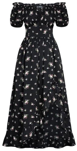 SCARLET DARKNESS Robe à fleurs victoriennes à manches courtes avec volants - Robe corset Cottagecore pour femme, Impression rose sur noir, XL