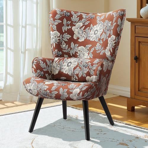 HomeMiYN Sessel Ohrensessel mit Kissen und Fußhocker Wohnzimmer Einzelsofa Vintage Rokoko Blumen