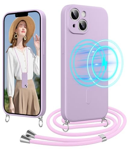 Woijrly Handykette für iPhone 14 Hülle mit Band [Kompatibel mit Magsafe] Silikon Necklace Magnetische Handyhülle zum Umhängen Kordel, Kratzfeste Stossfest Schutzhülle mit Einstellbar Kette,Lila