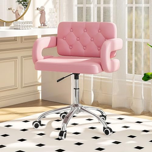 BELIWIN Swivel Office Chair,Height Adjustable Ergonomic Desk Chair for Kids/Adults,Vanity Chairs Lumbar Support & C-Armrests,Make Up Chairs for Bedroom/Office/Home Furniture (Pink)