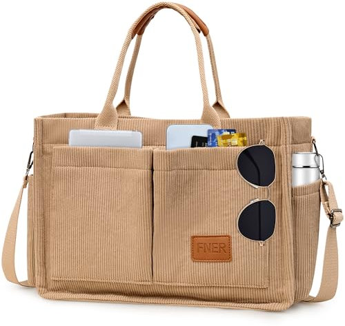 Keyck Sac a Main Femme Velours Côtelé Sac Bandoulière Femme Tote Bag avec Poches Multiples, Grande Shopper Sac Cabas Femme, Sac Fourre Tout Femme pour Travail Bureau Voyage Shopping Ecole (Kaki)