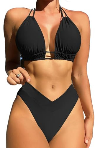 Sangdut Set bikini da donna in due pezzi, con scollo a V, forma push-up, costume da bagno, controllo della pancia con coppe, bikini a triangolo, Nero, L
